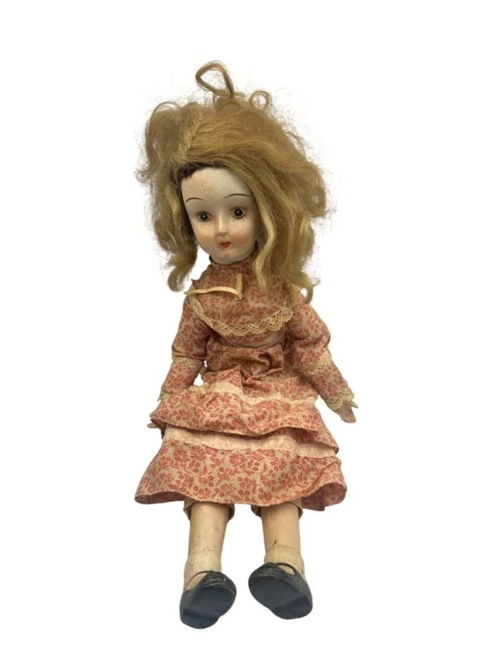 Antique Porcelain Doll With Floral Dress Blonde Hair & Lace Accents